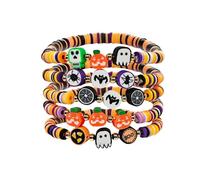 IMINI Funny Pumpkin Bat Halloween Bracelet Set for Women Girls Ploymer Clay Beaded Skull Ghost Spider Web Boo Adjustable Rubber Bands Personalized Holiday Festival Accessories Jewelry Gifts (5 Pcs)