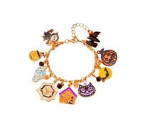 IMINI Halloween Charm Bracelet with Enamel Ghost Pumpkin Skeleton Bat Witch Hat Broom Cat Spider Web Ball Bead Dangle - Adjustable 17+7cm Link Chain Spooky Gothic Party Accessory Jewellery (Style 2)