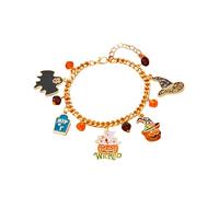 IMINI Halloween Charm Bracelet with Enamel Ghost Pumpkin Skeleton Bat Witch Hat Broom Cat Spider Web Ball Bead Dangle - Adjustable 17+7cm Link Chain Spooky Gothic Party Accessory Jewellery (Style 4)