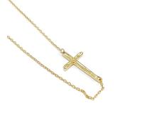 IMINI Hammered Sideways Cross Pendant Necklace for Women Girls 925 Sterling Silver Dainty White Gold Plated Faith Choker Simple Charm Link Chain Adjustable Fashion Jewelry Gift Box 17 inches (Gold)
