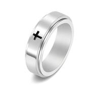 IMINI Minimalist Cross Spinner Ring for Anxiety Relief, 6mm Stainless Steel Rotating Fidget Band for Men Women, Christian Jesus Christ Lord Prayer Faith Jewellery Gift (Silver, US6=L 1/2)