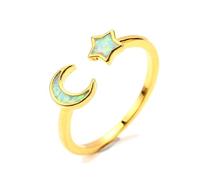 IMINI Opal Crescent Moon Star Open Adjustable Stacking Ring for Women Teen Girls White Gold Plated Created Birthstone Love Endless Promise Wedding Expand Lucky Statement Rings Fashion Jewelry (Gold)