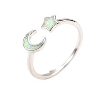 IMINI Opal Crescent Moon Star Open Adjustable Stacking Ring for Women Teen Girls White Gold Plated Created Birthstone Love Endless Promise Wedding Expand Lucky Statement Rings Fashion Jewelry (White)