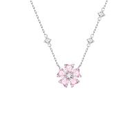 IMINI Peach Blossom Pendant Necklace, Silver Plated with Pink CZ Hearts - 40+5cm Adjustable Dainty Choker, Romantic Floral Charm Jewellery Gift for Women & Her Birthday