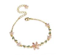 IMINI Pink Blossom Flower Green Leaf Cubic Zirconia Link Bracelet (Gold)