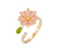 IMINI Pink Daisy Flower Ring for Women 14K Gold Plated Green Leaf Cubic Zirconia Wrap Finger Flower Open Statement Ring Promise Engagement Rings Fashion Jewelry Gifts