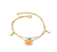 IMINI Pumpkin Charm Enamel Bracelet for Women, Gold Plated Stainless Steel Layered Adjustable Chain 17+3 cm - Dainty Daisy Flower Link Halloween Autumn Jewellery