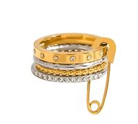 IMINI Safety Pin Stackable Rings for Women, 4-Piece Mixed Metal Ring Set, Two-Tone Gold Silver Stainless Steel with Cubic Zirconia, Statement Knuckle & Middle Finger Jewellery Size Q (CZ 2)