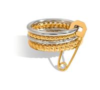 IMINI Safety Pin Stackable Rings for Women, 4-Piece Mixed Metal Ring Set, Two-Tone Gold Silver Stainless Steel with Cubic Zirconia, Statement Knuckle & Middle Finger Jewellery Size Q (Non-CZ)