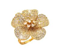 IMINI Sparkling CZ Flower Adjustable Ring for Women - Cubic Zirconia Statement Wrap Open Band Size L 1/2 to T 1/2, Engagement Promise Bohemian Floral Statement Jewellery Gift (Gold)