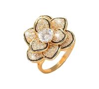 IMINI Sparkling Rhinestone Camellia Flower Adjustable Ring - Triple Layer Cubic Zirconia Floral Statement Open Band Sizes L 1/2 to T 1/2, Eternity Engagement Promise Jewellery for Women (Gold)