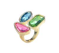 IMINI Tricolour Rhinestone CZ Geometric Ring for Women, Gold-Tone Plated Adjustable Jewellery - Light Blue Emerald Pink Stacking Open Band, Cocktail Wedding Boho Gift