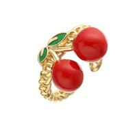 IMINI Vibrant Red Enamel Cherry Statement Open Ring for Women, 14k Gold Plated Adjustable Finger Band, Comfort Fit Charm Lovely Fruit Jewellery Gift