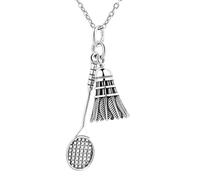 IMINI Vintage Badminton Pendant Necklace, Oxidised Silver Plated Racket & Shuttlecock Charms - 60cm Stainless Steel Chain, Sport Jewellery for Women Men