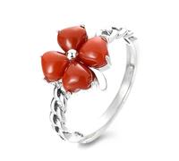 IMINI Vintage Clover 925 Sterling Silver Open Ring for Women - Adjustable Red Agate Flower Statement Braided Band, Four-Leaf Lucky Jewellery Gift for Her