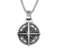 IMINI Vintage Compass Pendant Necklace - Lucky Cross Star Amulets Charm on 60cm Stainless Steel Rope Chain, Meaningful Navigator Travel Jewellery Gift for Men Women (Silver)