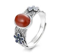 IMINI Vintage Oval Red Agate & Daisy Open Ring for Women - 925 Sterling Silver Adjustable Braided Finger Band, Blue Enamel Floral Jewellery Gift for Her Engagement Birthday