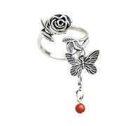 IMINI Vintage Rose Flower Adjustable Ring for Women Men, Antique Silver Plated Floral Stacking Jewellery with Butterfly Charm Red Bead Tassel - Retro Open Band Wrap Everyday Wear (Q-Y)