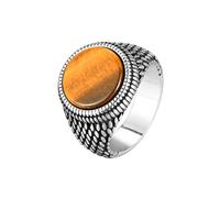 IMINI Vintage Stone Signet Ring for Men Women, Antique Silver Stainless Steel Statement - Thumb Knuckle Band, Comfort Fit Retro Biker Jewellery, Black Agate Tiger Eye Turquoise Gift (Brown, US9=S)