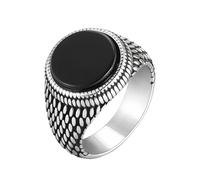 IMINI Vintage Stone Signet Ring for Men Women, Antique Silver Stainless Steel Statement - Thumb Knuckle Band, Comfort Fit Retro Biker Jewellery, Black Agate Tiger Eye Turquoise Gift (Black, US8=Q)