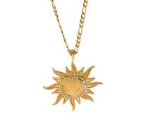 IMINI Vintage Sun Pendant Necklace, 18K Gold Plated Stainless Steel & Shiny Crystal Crescent Moon Charm, 50+5cm Adjustable Chain, Elegant Celestial Jewellery for Women