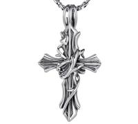 IMINI Vintage Thorn Cross Necklace, Oxidised Silver Plated Copper Pendant on 60cm Stainless Steel Chain - Punk Crucifix Charm, Religious Jewellery for Men Women