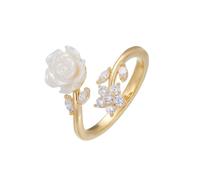 IMINI White Camellia Flower Adjustable Open Ring for Women - Gold Plated Rose Floral Wrap Finger Band with CZ Crystals & Shell Pearl, Wedding Birthday & Party Jeweller Gift