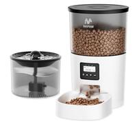 IMIPAW Automatic Cat Feeder and Water Fountain, Timed Pet Dry Food Dispenser, Programmable Portion Control, 1-6 Meals Per Day, Cats Drinking Fountain with Filter, Small Pets (3L Combo) (White1)