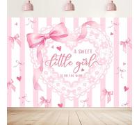 Imirell A Sweet Little Girl is on The Way Backdrop 7Wx5H, Pink Bow Baby Shower Decorations for Girl, Coquette Pink Stripes It's a Girl Baby Shower Banner Photography Background Cake Table Decoration