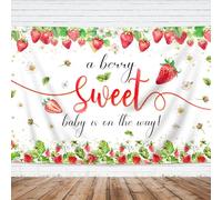 Imirell Berry Baby Shower Backdrop 7Wx5H Feet Strawberry Sweet Girly Red Fruit Green Leaf Stars Fabric Newborn Polyester Fabric Floral Photography Backgrounds Photo Shoot Decor Props Decoration