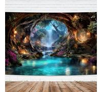 Imirell Fairy Woodland Backdrop 7Wx5H Feet Enchanted Teal Spring Flower Green Tree Waterfall Cave Polyester Fabric Magic Nature Botanical Photography Backgrounds Photo Shoot Decor Props Decoration
