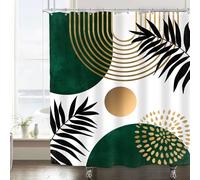 Imirell Green Gold Abstract Shower Curtain 60Wx72H Inches Boho Mid Century Sun Arch Leaves Chic Simple Art Line Geometric Modern Minimalist Fabric Waterproof Polyester with 12 Pack Hooks Plastic