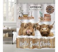 Imirell Highland Cow Shower Curtain 72Wx72H Inches Rustic Farmhouse Bull Funny Animal Bathing Wooden Board Country Western Wildlife Plant Nature Fabric Waterproof Polyester with 12 Pack Hooks Plastic