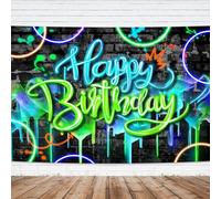 Imirell Neon Birthday Backdrop 7Wx5H Feet Glow-in-The-Dark Fluorescent Graffiti Fluid Brick Wall Funny Colorful Polyester Fabric Cool Photography Backgrounds Photo Shoot Decor Props Decoration