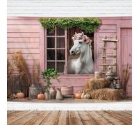 Imirell Pink Western Stable Backdrop 7Wx5H Feet Rustic Retro West Rodeo Cowgirl Barn Door White Horse Polyester Fabric Garage Floral Leaves Photography Backgrounds Photo Shoot Decor Props Decoration