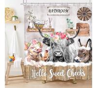 Imirell Rustic Highland Cow Shower Curtain 60Wx72H Inches Farm Funny Animal Farmhouse Donkey Chicken Pig Flower Wooden Country Western Wildlife Fabric Waterproof Polyester with 12 Pack Hooks Plastic
