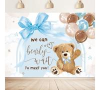 Imirell We Can Bearly Wait Backdrop 7Wx5H Feet Bear Baby Shower Blue Brown Balloon Bow Cartoon Kids Boy Cute Lovely Polyester Fabric Newborn Photography Backgrounds Photo Shoot Decor Props Decoration