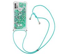 IMIRST Lanyard Phone Case for Moto G30, Bling Glitter Quicksand Liquid Sparkle Silicone TPU Case Cover With Crossbody Necklace Cord Strap for Motorola Moto G10 / Moto G30. LP Love Green