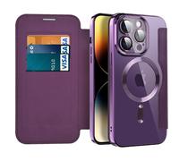IMIRST Magnetic Case for iPhone 14 Pro, [Compatible with MagSafe] Premium Flip Leather Card Holder with RFID Blocking Clear Shockproof Phone Case Cover for Apple iPhone 14 Pro, WD Purple