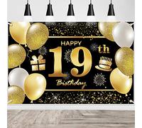 IMISI 19th Happy Birthday Banner, Black & Gold, Large Size (115X180cm), Includes String, Birthday Decorations