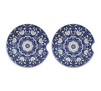 Imitating Chinese Porcelain Paint Floral Flowers on Blue Background 2 PCs Car Absorbent Ceramic Coaster, Auto Round Cup Mat Mug Pad with a Finger Notch for Easy Removal, Cup Holder with Cork Base