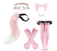 Imitation Fur Fox Wolf Tail Set, Cat Girl Costume, Pink with Faux Fur Fox Tail, Headband, Collar, Half Sleeves and Stockings, Perfect for Role-Playing Parties, Holiday Celebrations, Gifts For Friends