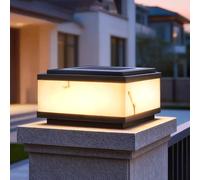 Imitation Marble Post Lights Modern Black Square Column Lamps With Solar Panels Outdoor Waterproof Gate Pedestal Lights Exterior Housing Pillar Lamps Fence Deck Solar Lanterns For Yard Pier Lighting