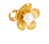 Imitation Pearl Flower Statement Ring Stainless Steel 18K Gold Plated Floral Petal Adjustable Open Rings Engagement Anniversary Promise Finger Band Elegant Birthday Jewelry for Women Wife