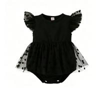 imKutie Baby Girl Black Lace Romper Boho Polka Dot Princess Dresses | Newborn Ruffle Sleeve Mesh Photoshoot Bodysuits Funeral Outfits for 0-12 Months