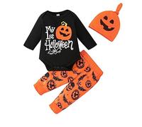 imKutie My 1st Halloween Clothes Set, Baby Girls Boys Cute Pumpkin Skull Bat Long Sleeve Romper Pants Hat 3PCS Halloween Outfits Set for 0-18 Months