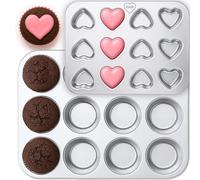 immer 2-Piece Stainless Steel Muffin Tray Set - 12-Cup Muffin Pan + Mini Heart Mold - PFAS-Free, uncoated, Heat-Resistant, Durable, Easy-Clean, Dishwasher-Safe