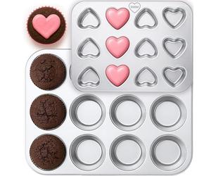 immer 2-Piece Stainless Steel Muffin Tray Set - 12-Cup Muffin Pan + Mini Heart Mold - PFAS-Free, uncoated, Heat-Resistant, Durable, Easy-Clean, Dishwasher-Safe