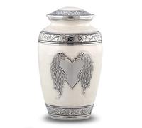 Immortal-Memories Angel Wings Cremation Urn for Ashes - Adult Large Pearl White Funeral Urn with Heart & Wings - Aluminium Memorial with Velvet Bag - Secure Lid - 200 Cu In Capacity