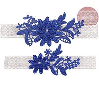 IMOMOTO White Wedding Garters for Bride, Non Slip Silicone Lace Bridal Garters Set with Pearls Plus Size, Royal Blue, Large